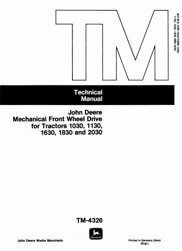 John Deere 1030 1130 1630 1830 2030 Tractor Technical Manual TM4326