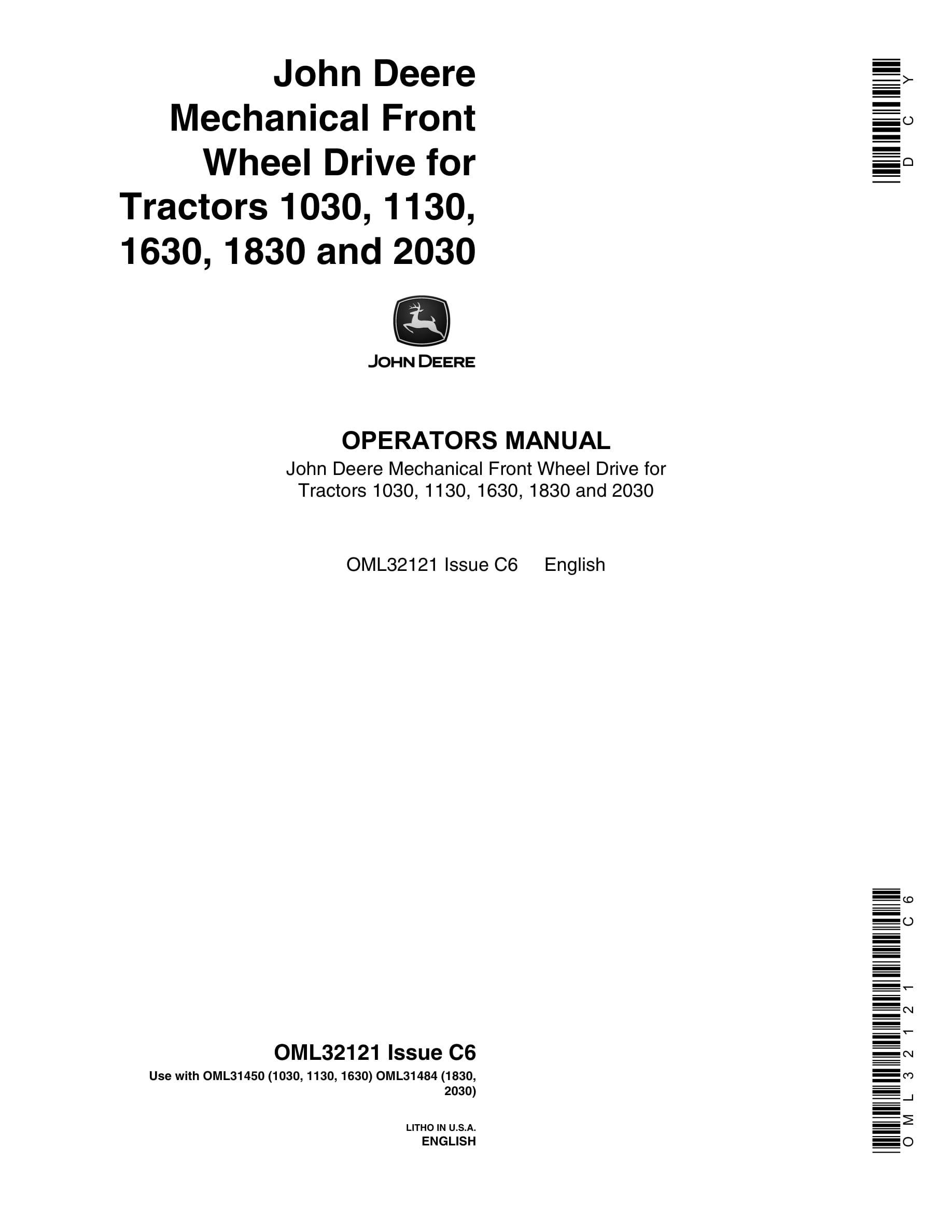 John Deere 1030, 1130, 1630, 1830 And 2030 Mechanical Front Wheel Drive For Tractors Operator Manuals OML32121-1
