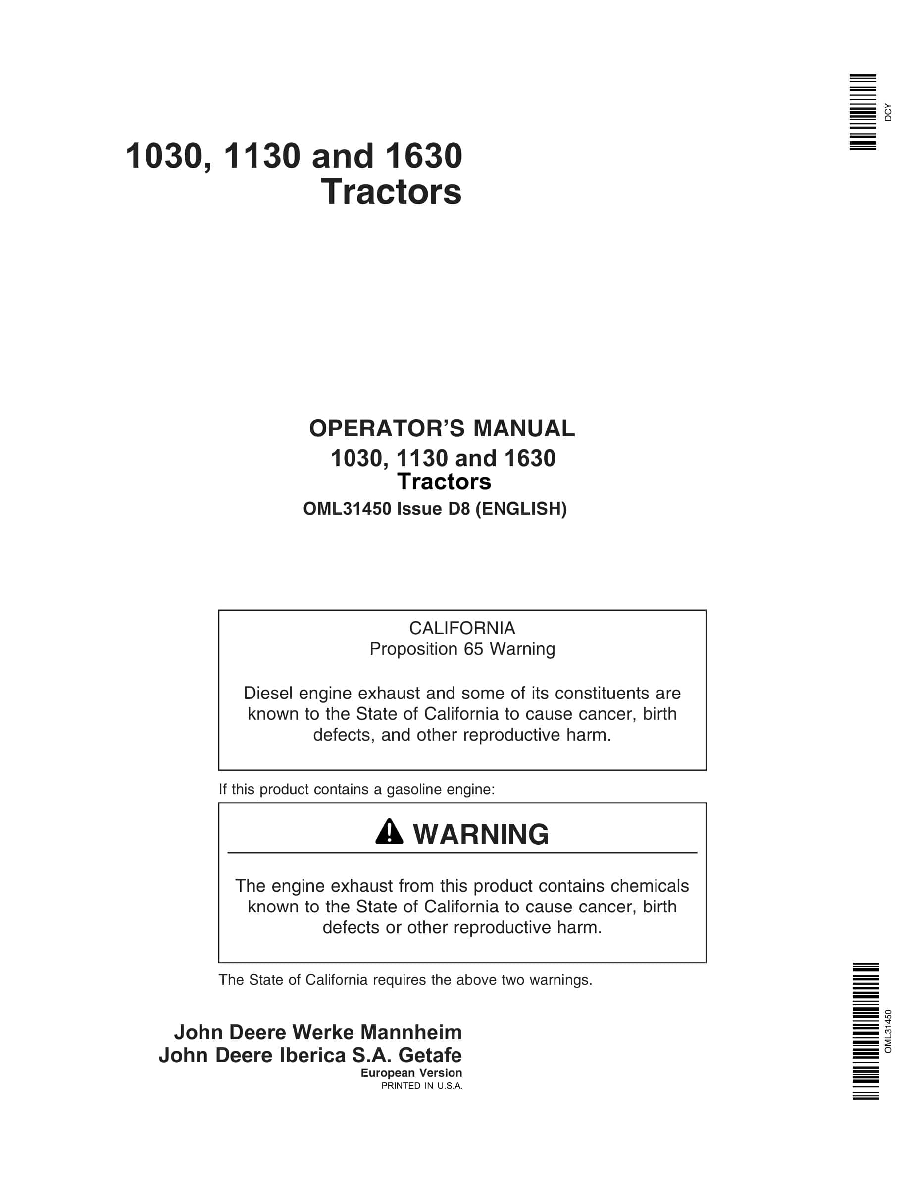 John Deere 1030, 1130 And 1630 Tractors Operator Manuals OML31450-1