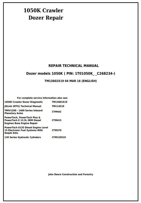 John Deere 1050K Crawler Dozer Repair Technical Manual TM13602X19