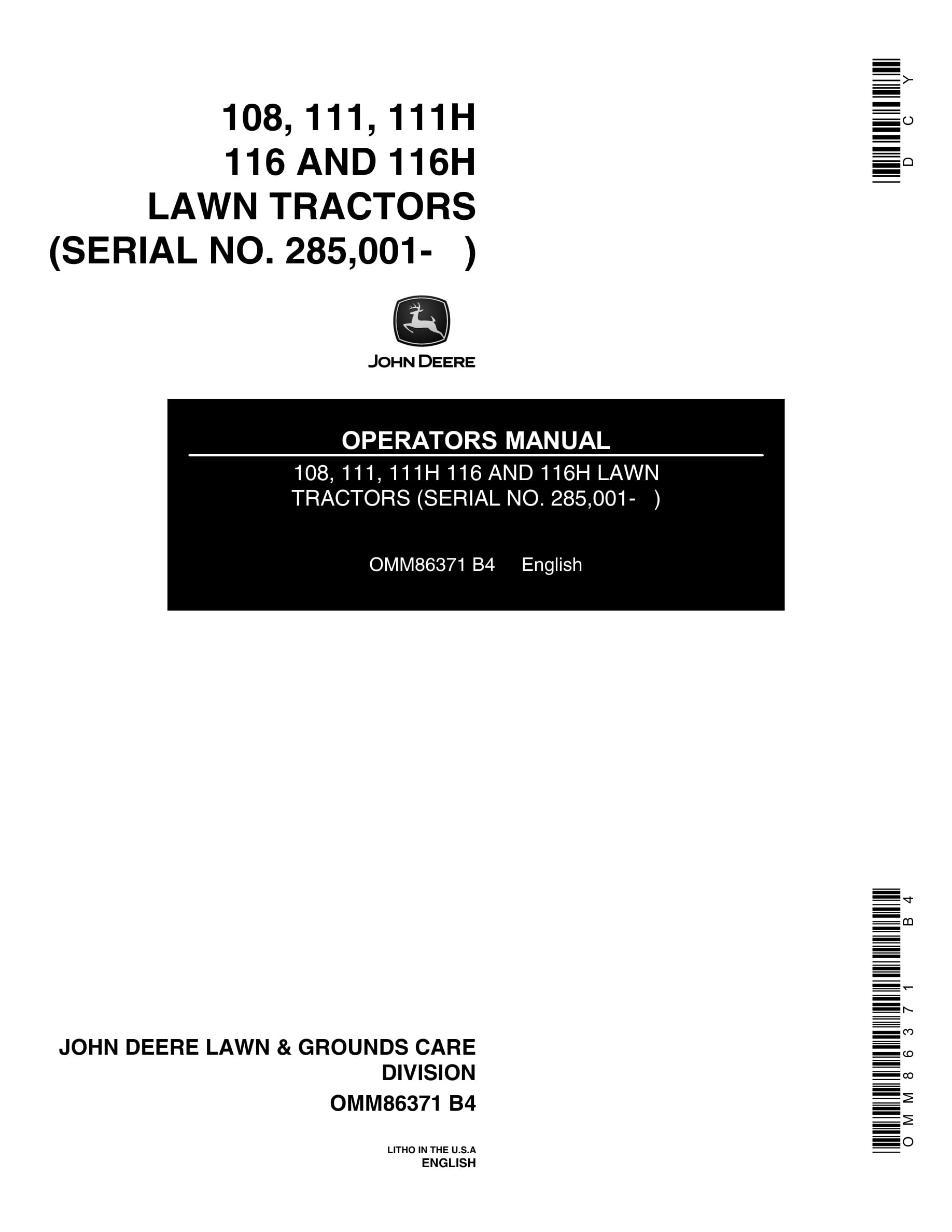 John Deere 108, 111, 111H 116 AND 116H Tractor Operator Manual OMM86371-1