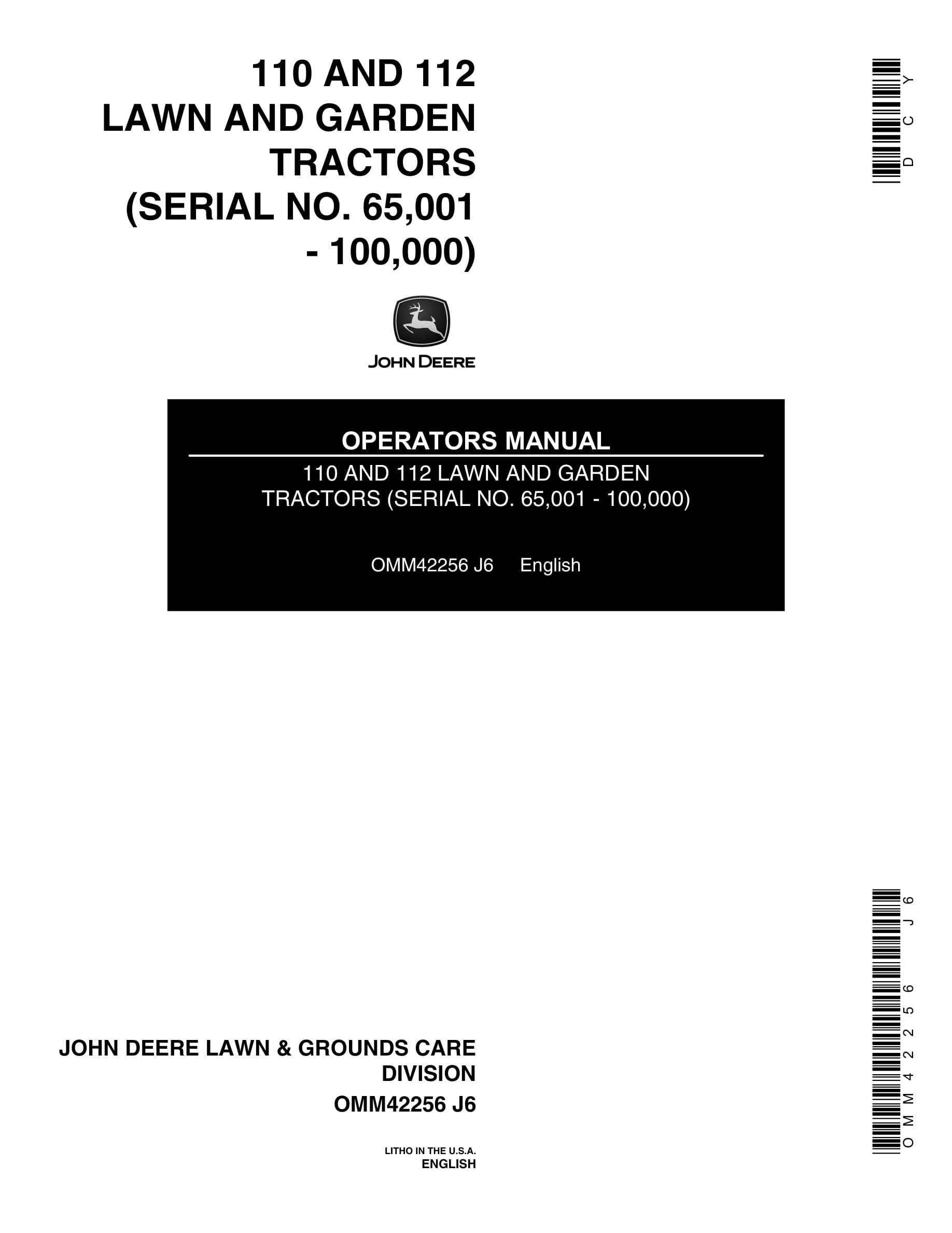 John Deere 110 AND 112 Tractor Operator Manual OMM42256-1