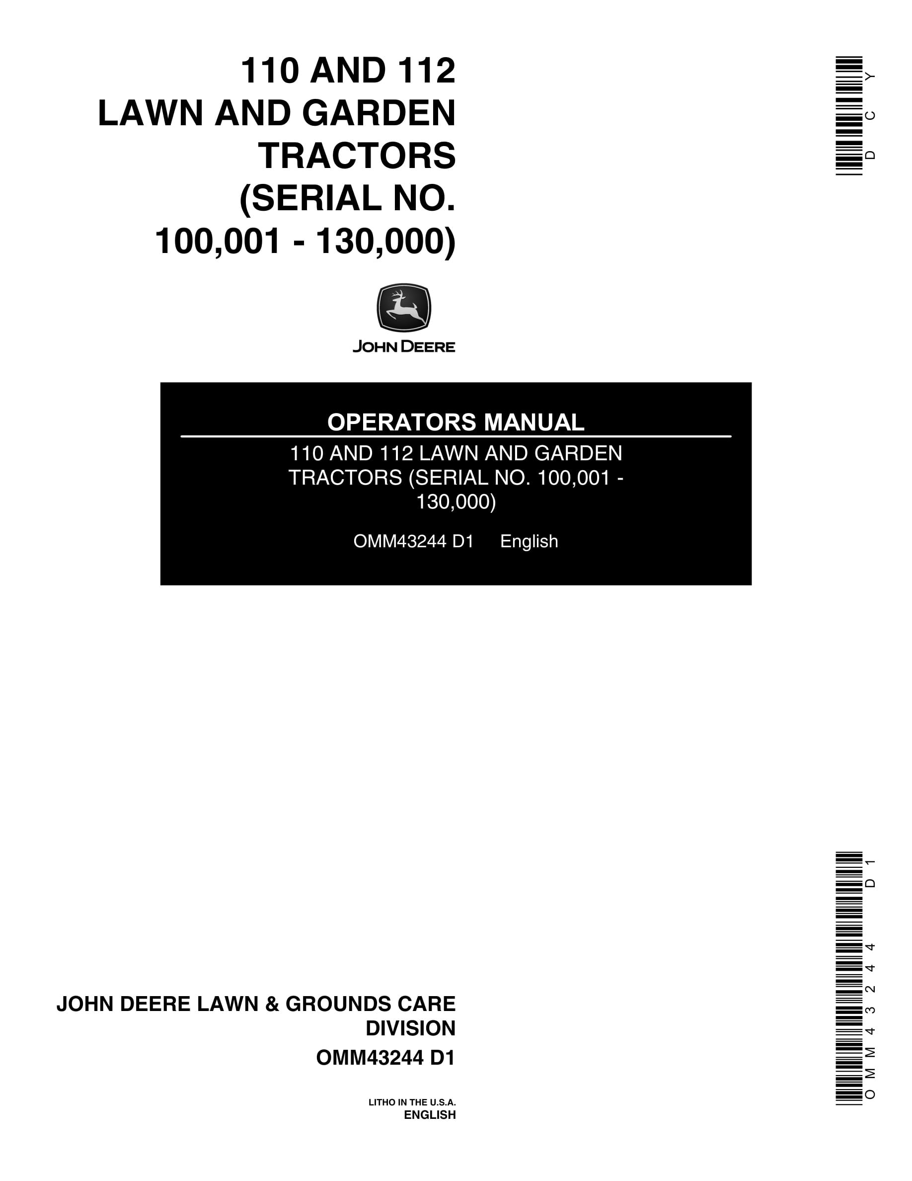 John Deere 110 AND 112 Tractor Operator Manual OMM43244-1