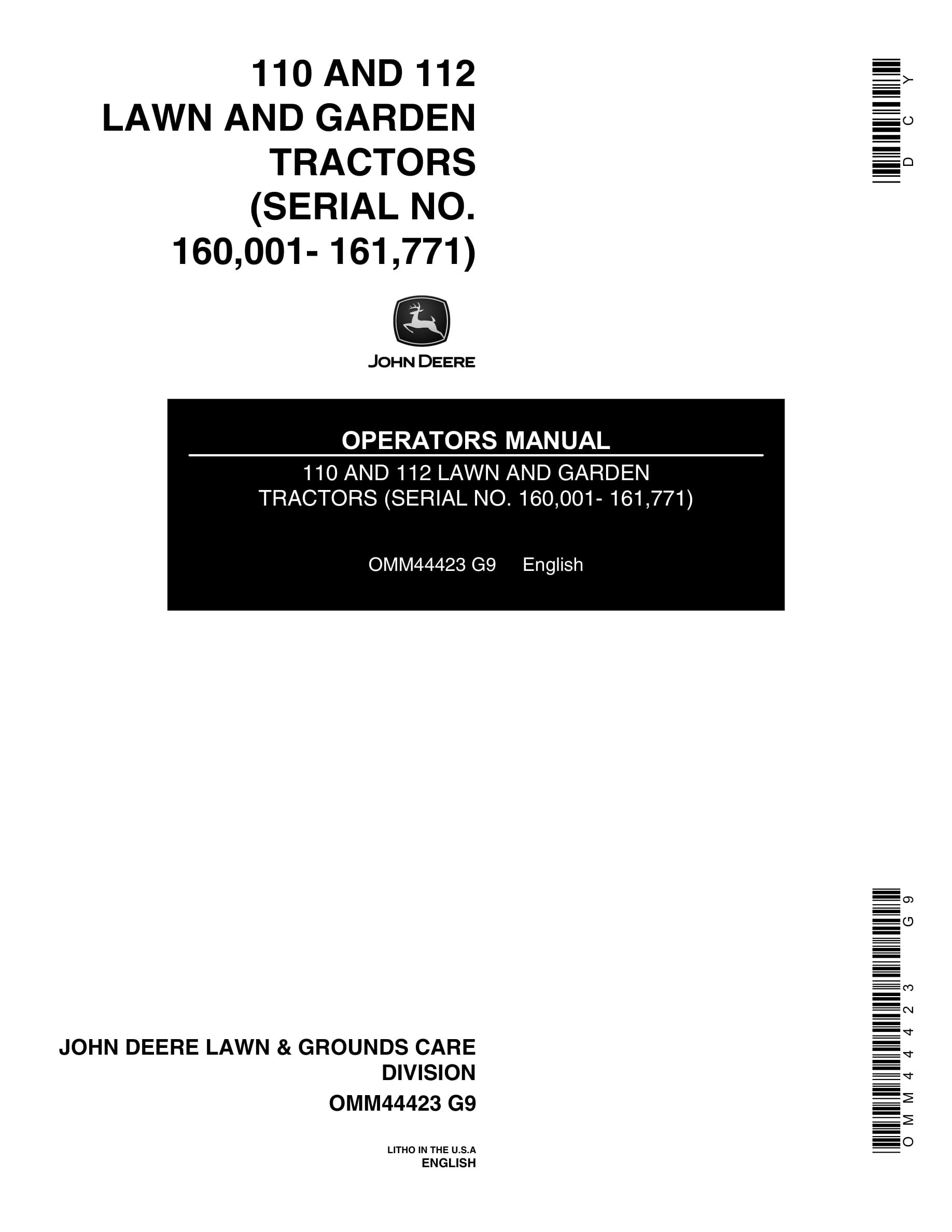 John Deere 110 AND 112 Tractor Operator Manual OMM44423-1