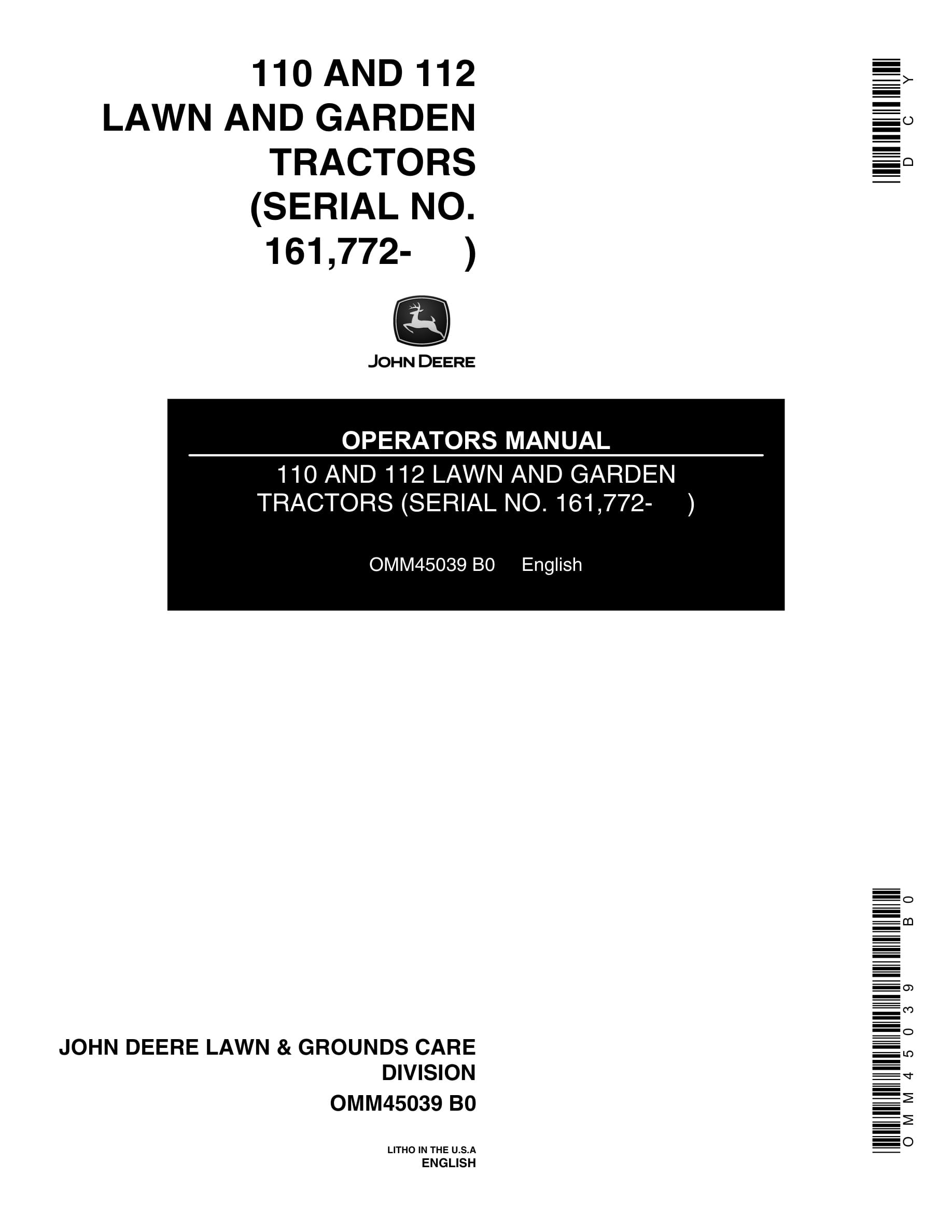 John Deere 110 AND 112 Tractor Operator Manual OMM45039-1