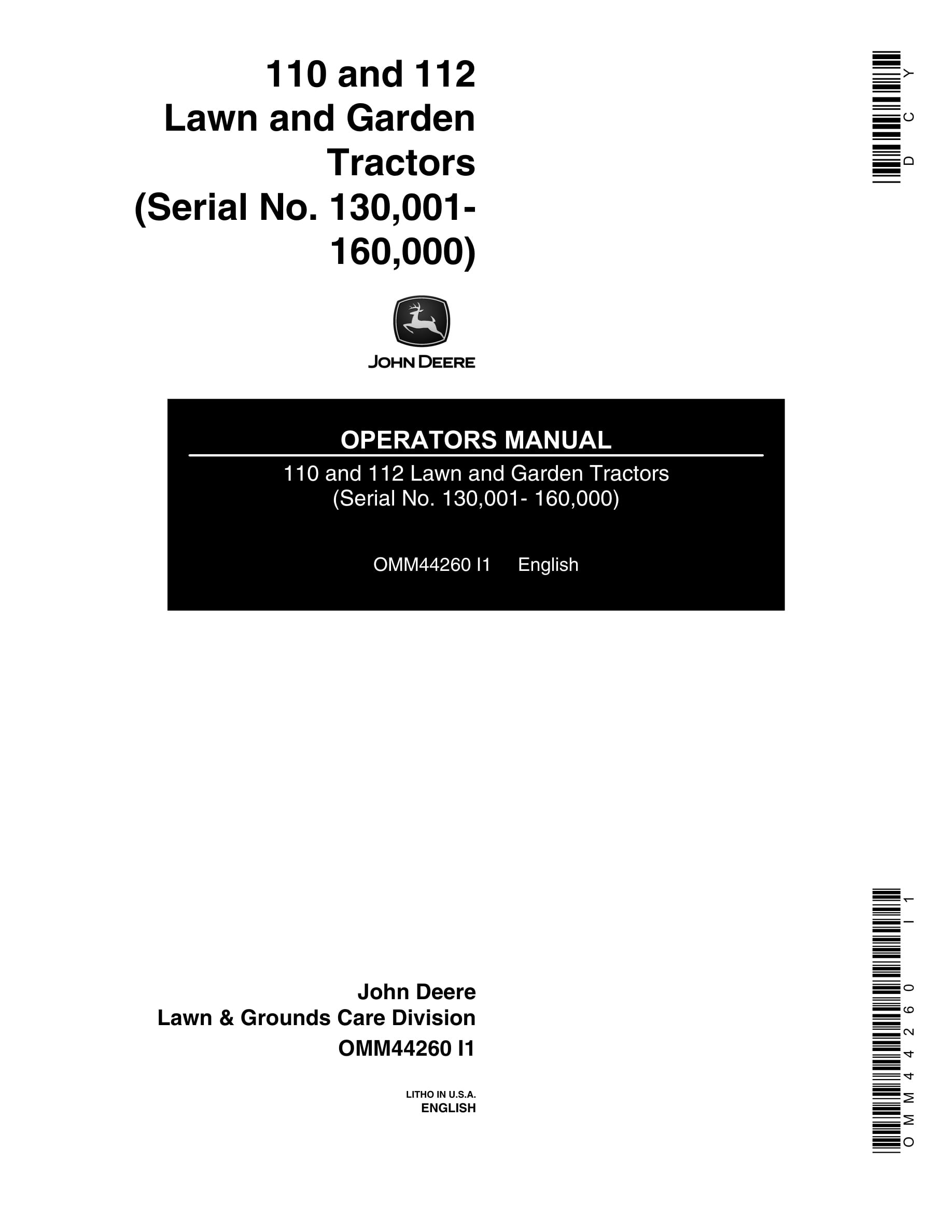 John Deere 110 and 112 Tractor Operator Manual OMM44260-1