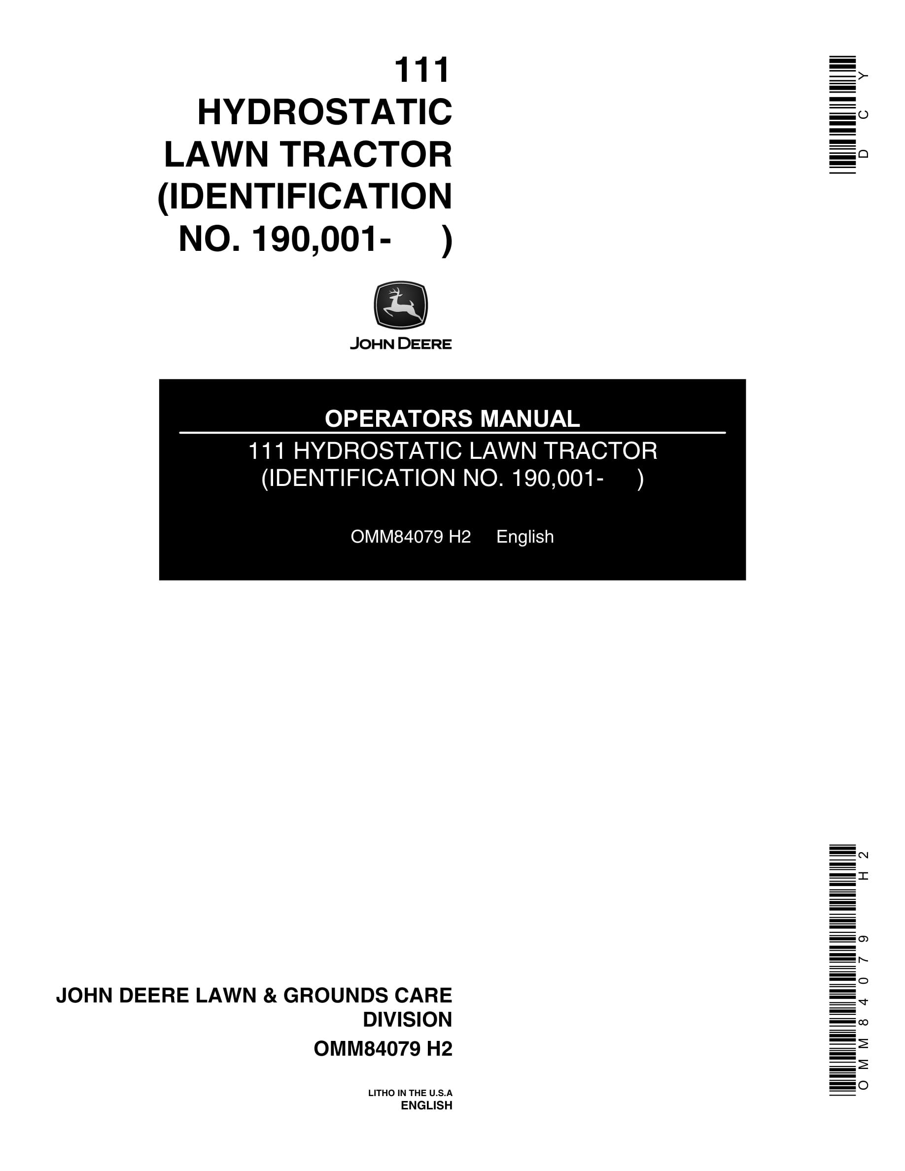 John Deere 111 Tractor Operator Manual OMM84079-1