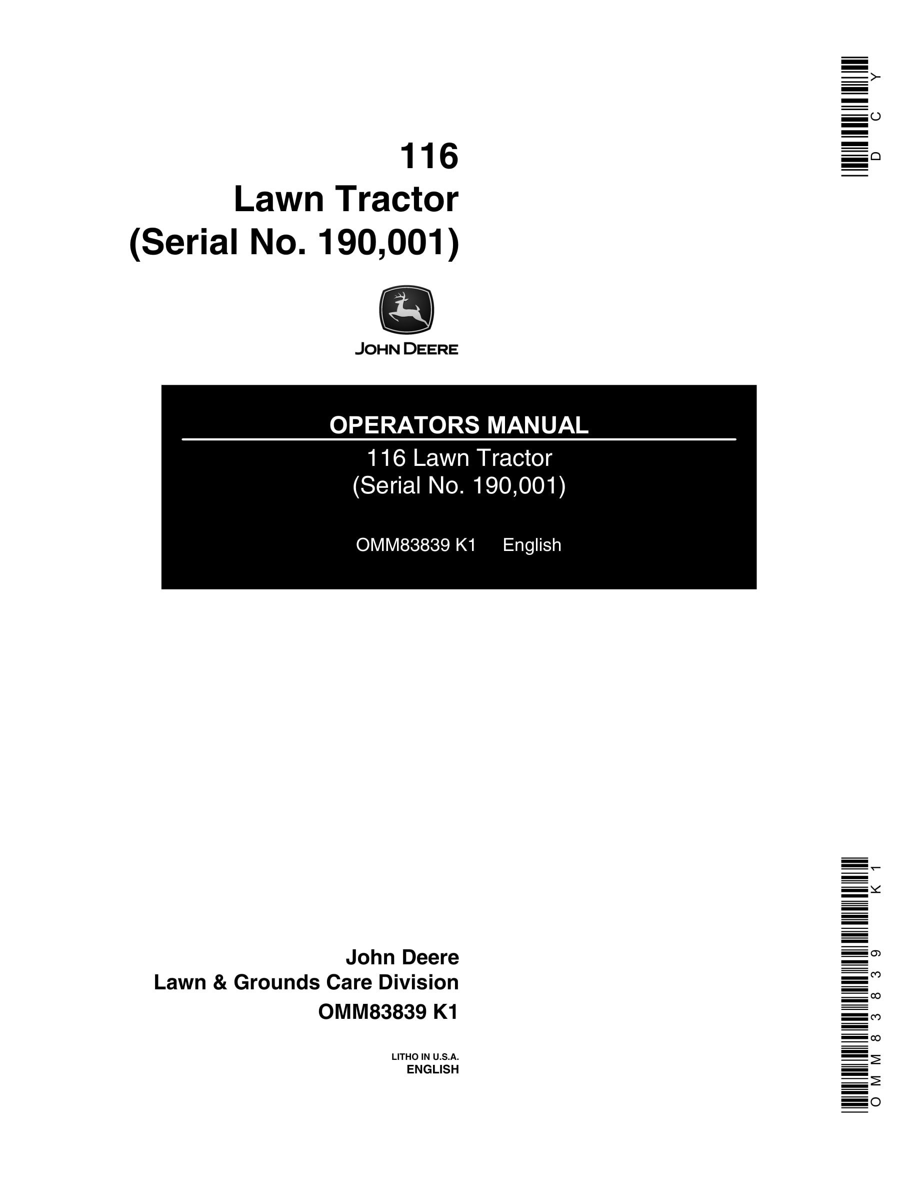 John Deere 116 Lawn Tractors Operator Manual OMM83839-1