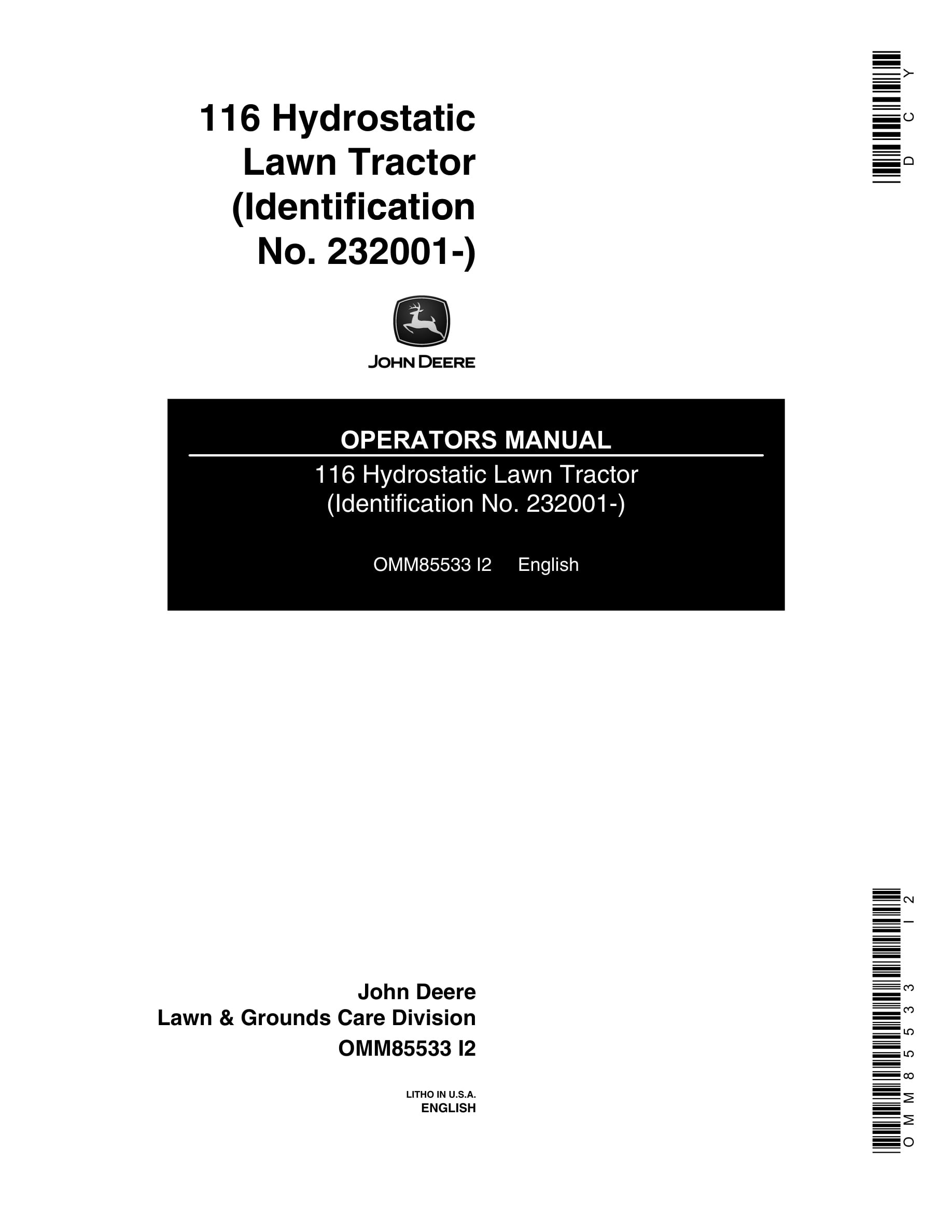 John Deere 116 Tractor Operator Manual OMM85533-1