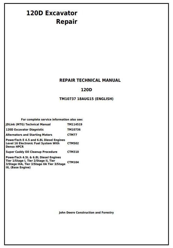 John Deere 120D Excavator Repair Technical Manual TM10737