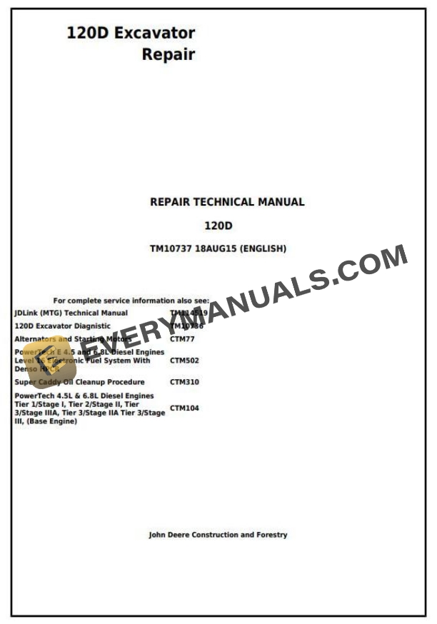 John Deere 120D Excavator Repair Technical Manual TM10737