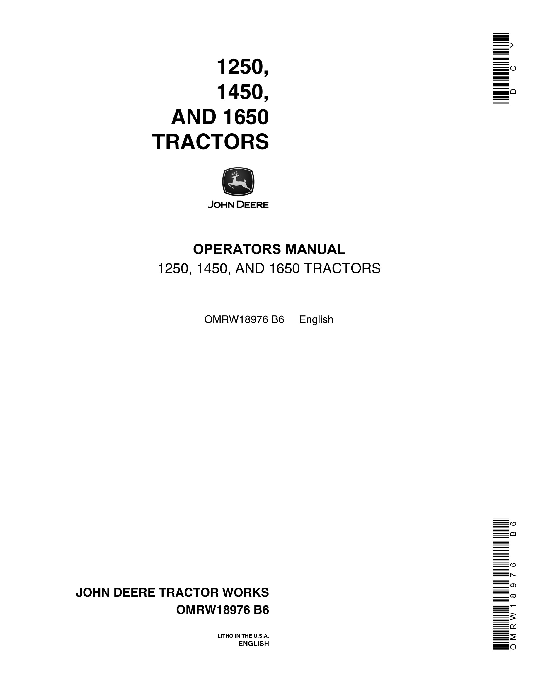 John Deere 1250, 1450, AND 1650 Tractor Operator Manual OMRW18976-1