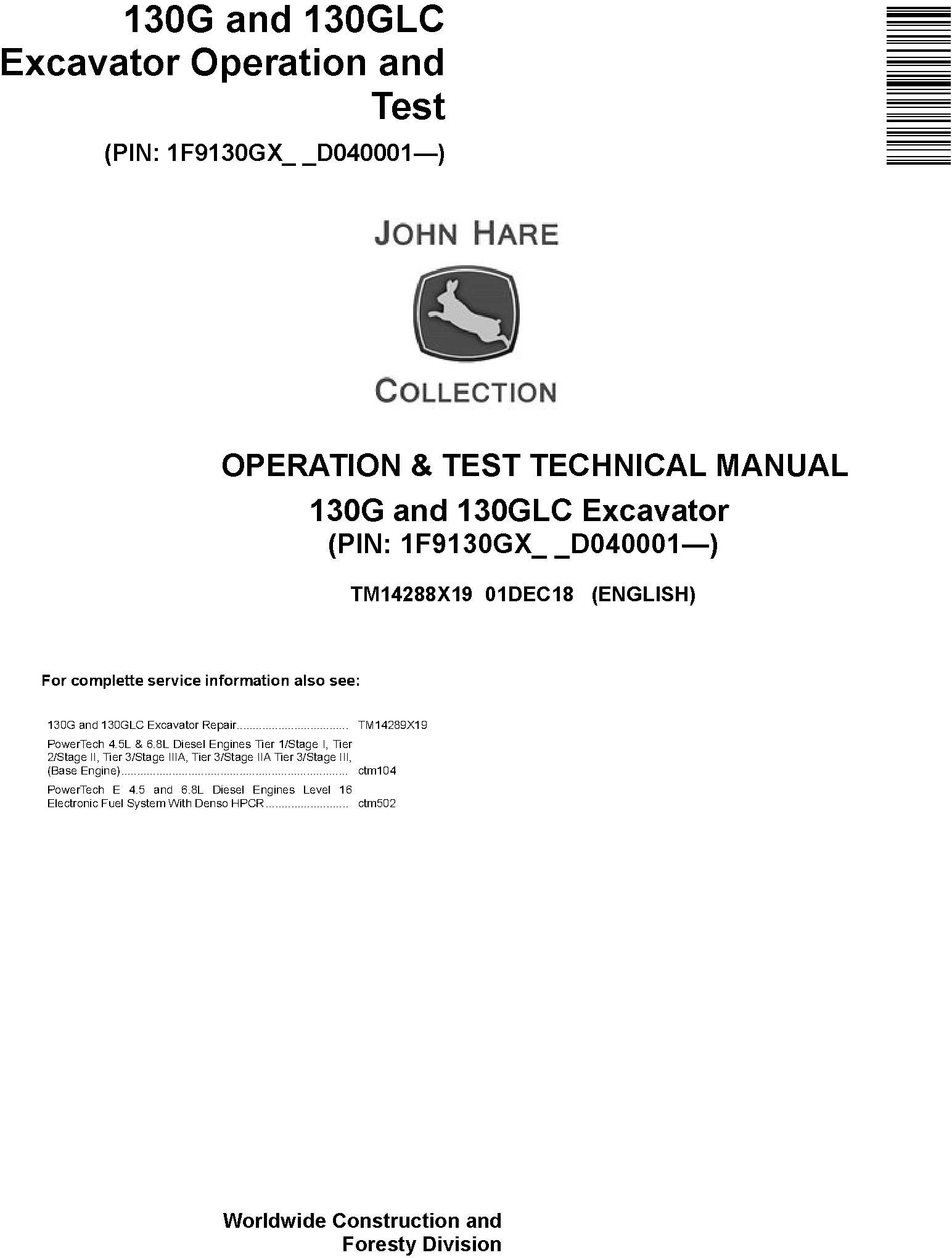 John Deere 130G 130GLC Excavator Operation Test Technical Manual TM14288X19