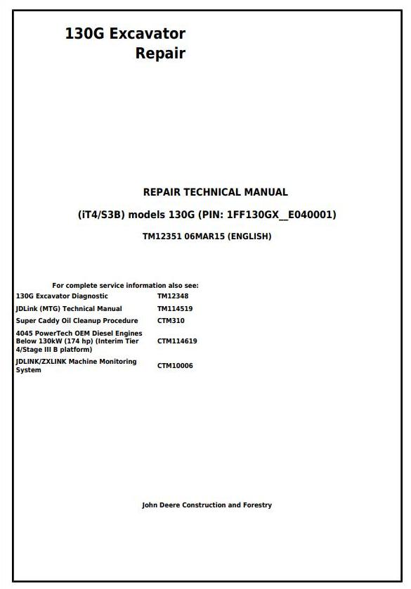John Deere 130G Excavator Repair Technical Manual TM12351