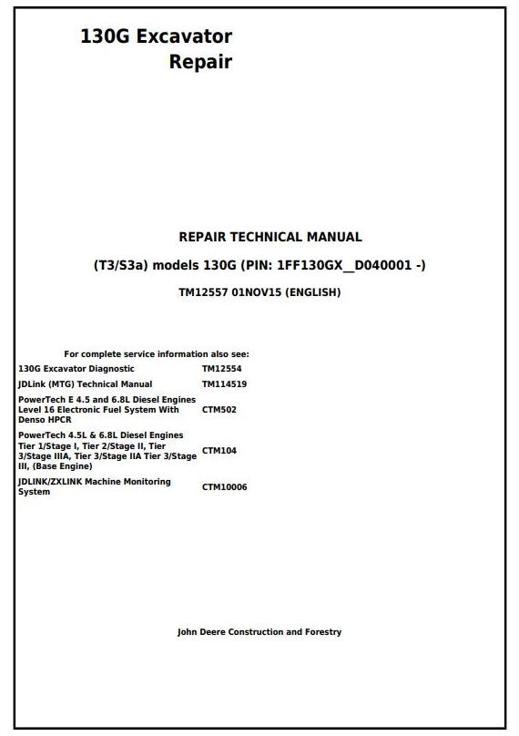 John Deere 130G Excavator Repair Technical Manual TM12557