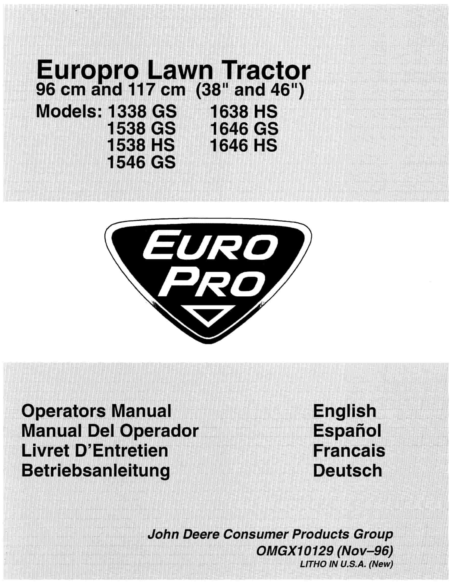 John Deere 1338 GS 1538 GS-HS 1546 GS 1638 HS 1646 GS-HS Tractor Operator Manual OMGX10129-1