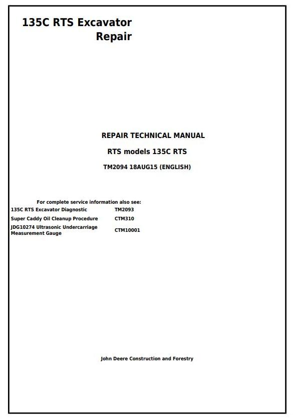 John Deere 135C RTS RTS Excavator Repair Technical Manual TM2094