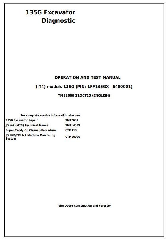 John Deere 135G Excavator Diagnostic Operation Test Manual TM12666
