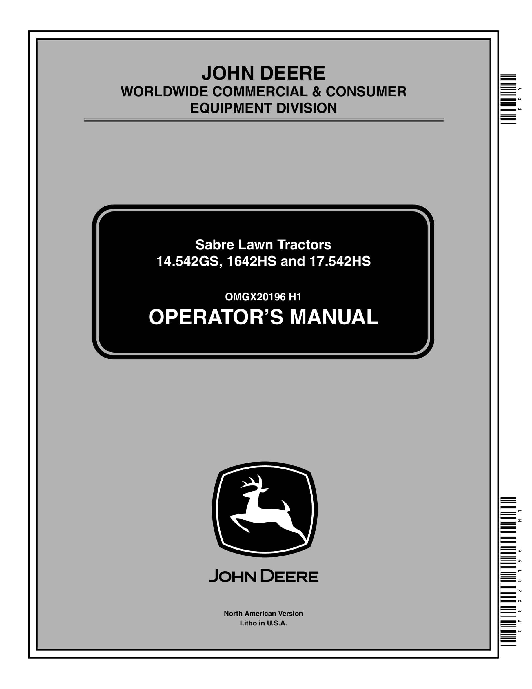 John Deere 14.542GS, 1642HS and 17.542HS Tractor Operator Manual OMGX20196-1