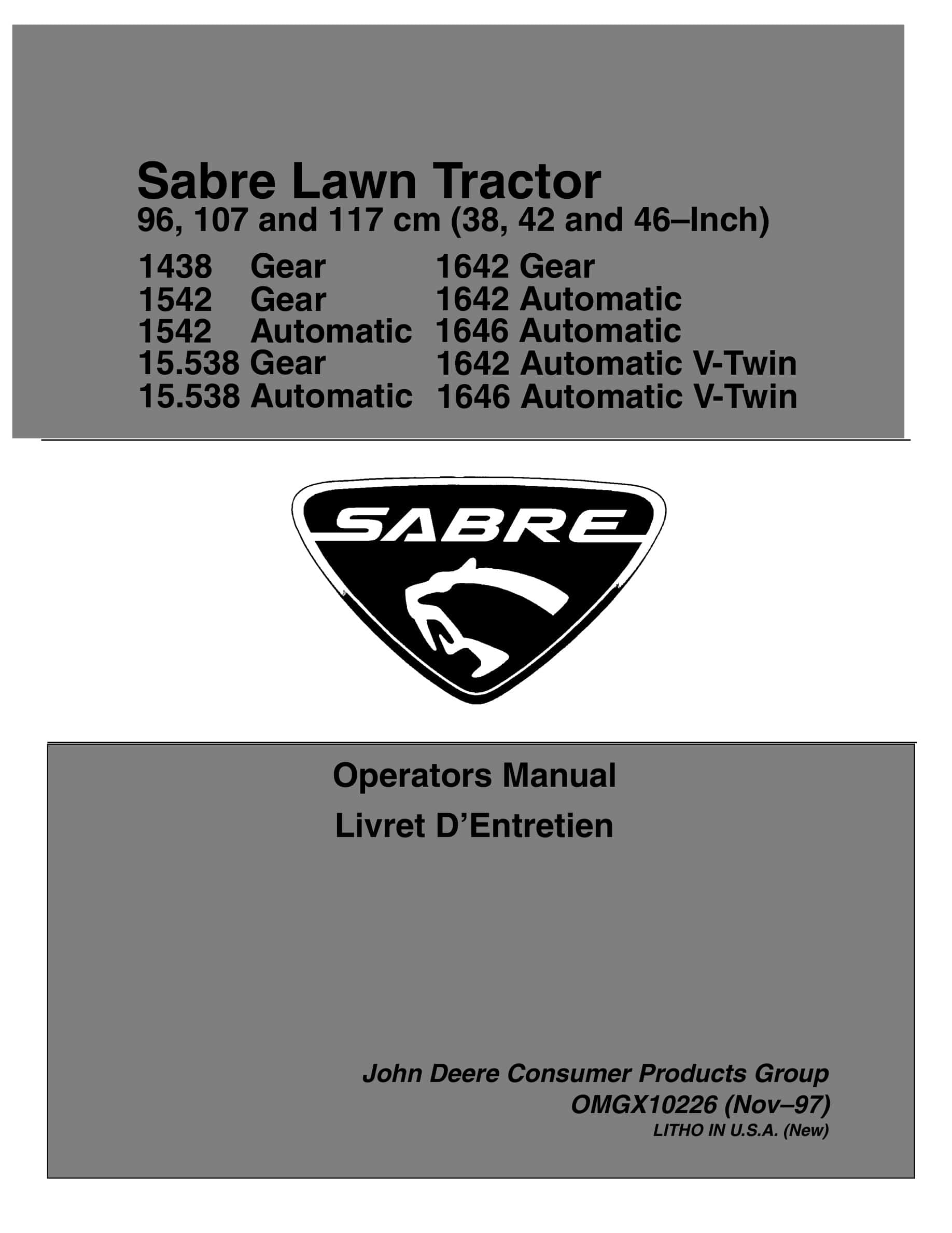 John Deere 1438 15.538 1542 1642 1646 Tractor Operator Manual OMGX10226-1
