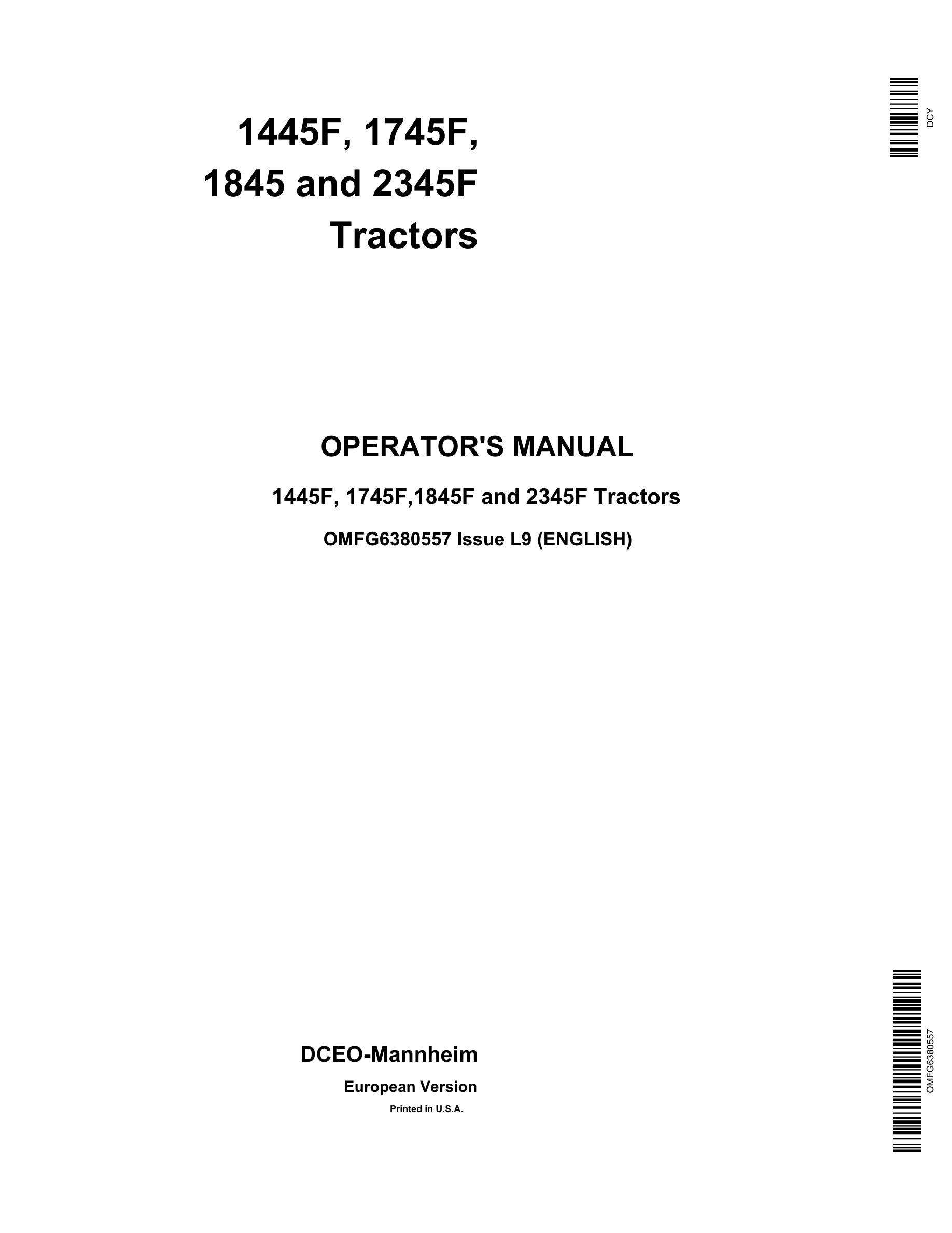 John Deere 1445f, 1745f,1845f And 2345f Tractors Operator Manuals OMFG6380557-1
