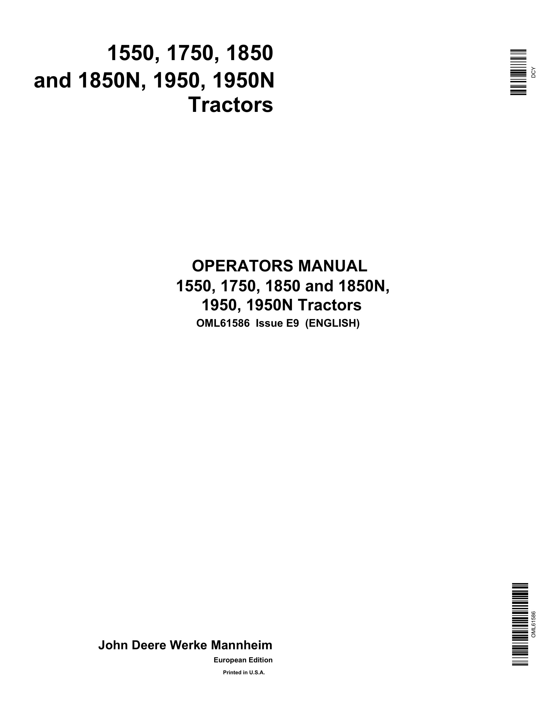 John Deere 1550, 1750, 1850 And 1850n, 1950, 1950n Tractors Operator Manuals OML61586-1