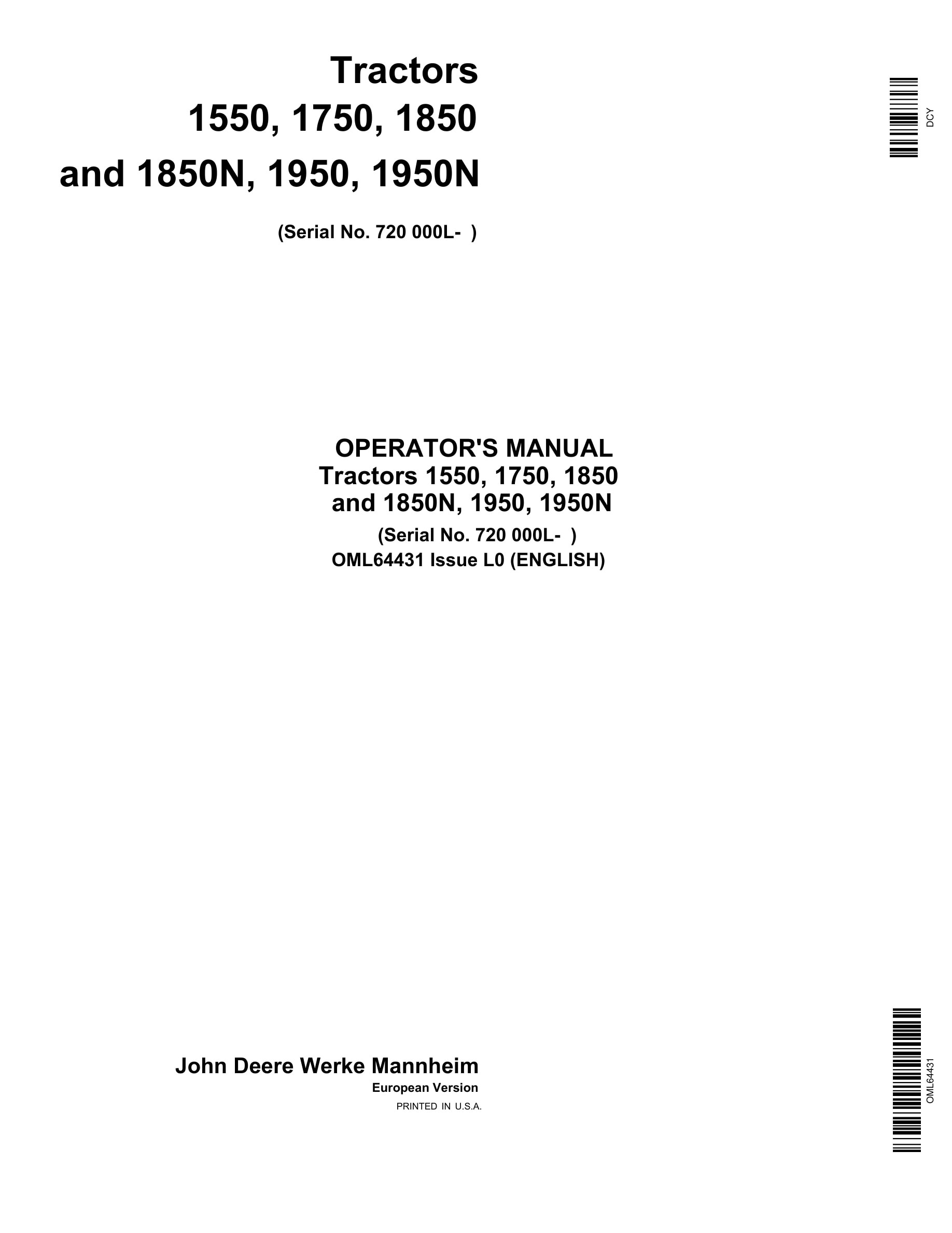 John Deere 1550, 1750, 1850 And 1850n, 1950, 1950n Tractors Operator Manuals OML64431-1