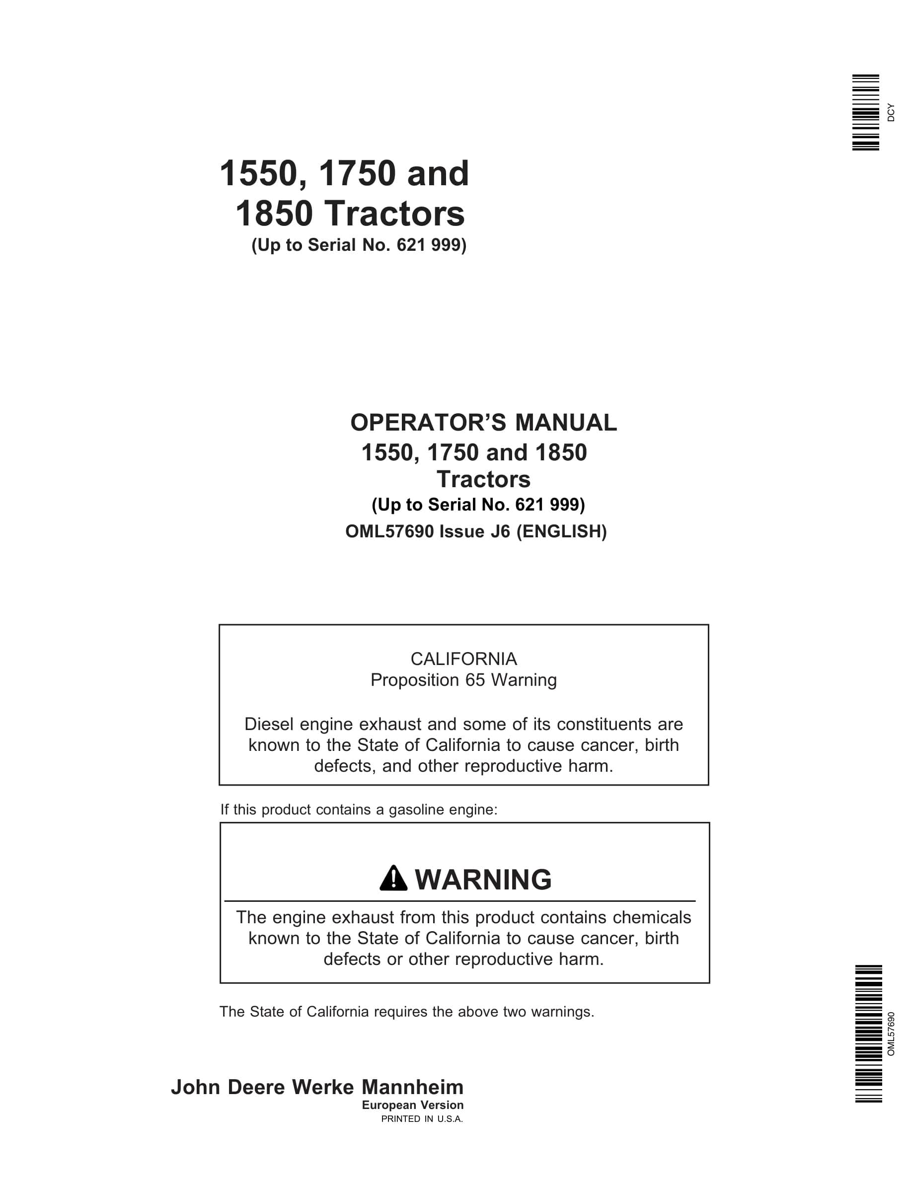 John Deere 1550, 1750 And 1850 Tractors Operator Manuals OML57690-1