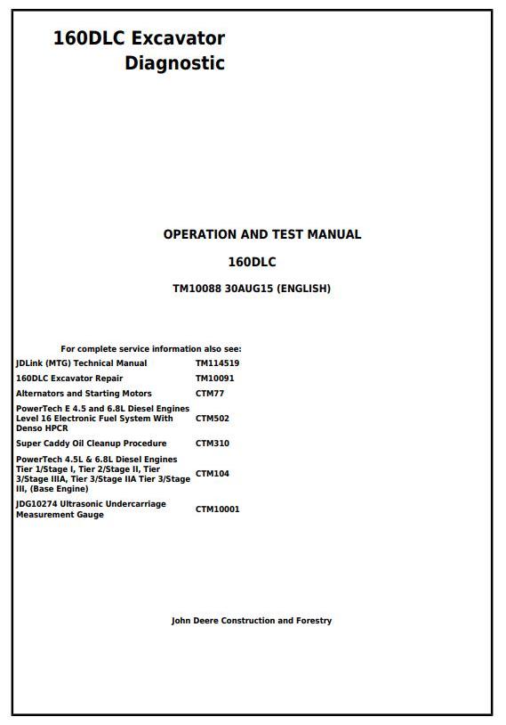 John Deere 160DLC Excavator Diagnostic Operation Test Manual TM10088