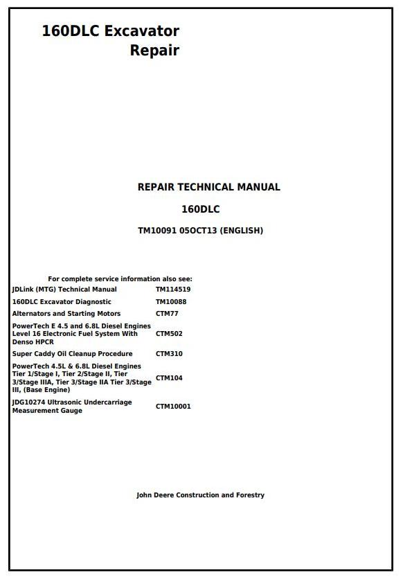 John Deere 160DLC Excavator Repair Technical Manual TM10091