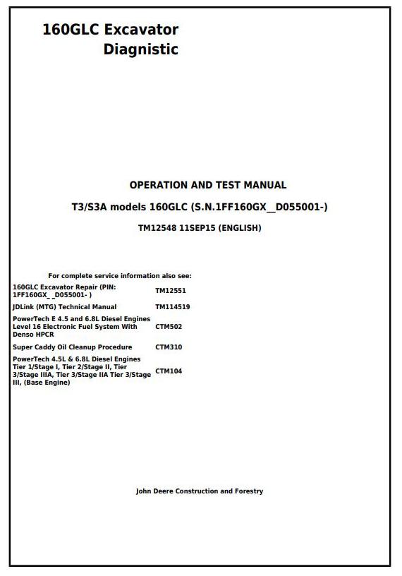 John Deere 160GLC Excavator Diagnostic Operation Test Manual TM12548