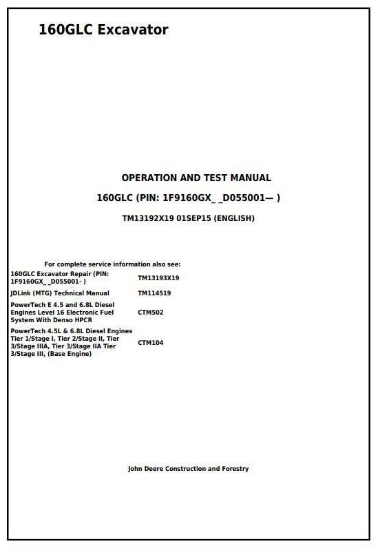 John Deere 160GLC Excavator Operation Test Manual TM13192X19