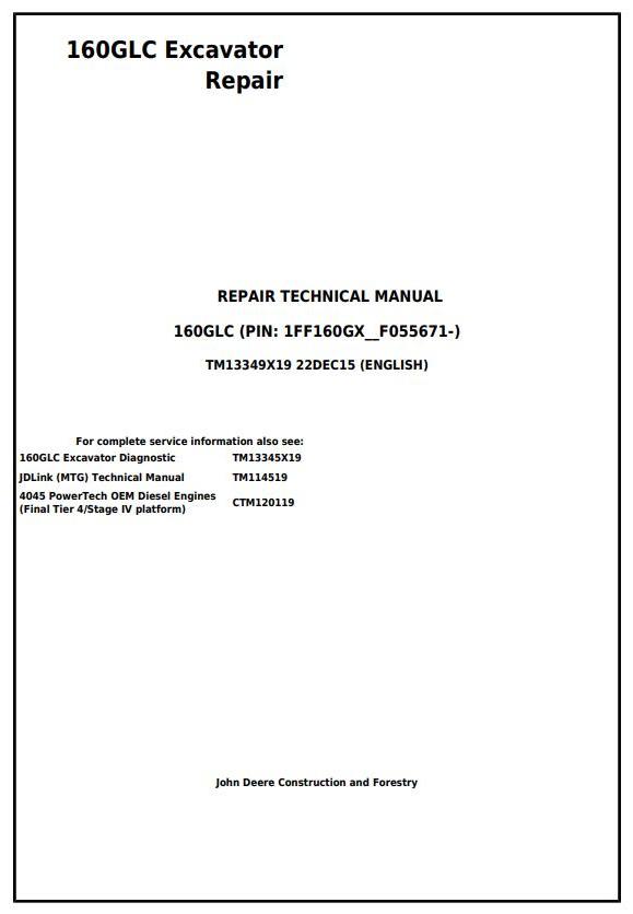 John Deere 160GLC Excavator Repair Technical Manual TM13349X19
