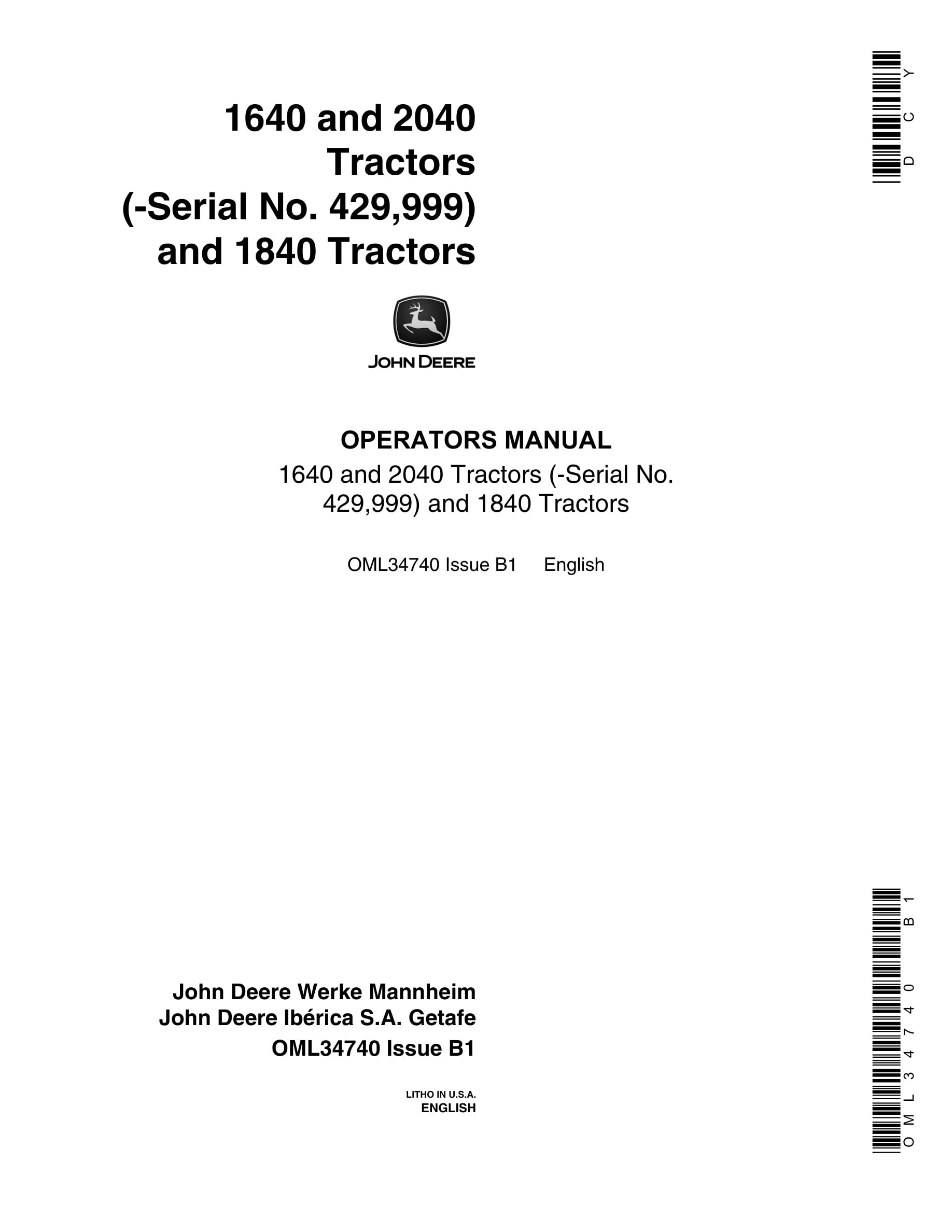 John Deere 1640 2040 1840 Tractors Operator Manuals OML34740-1