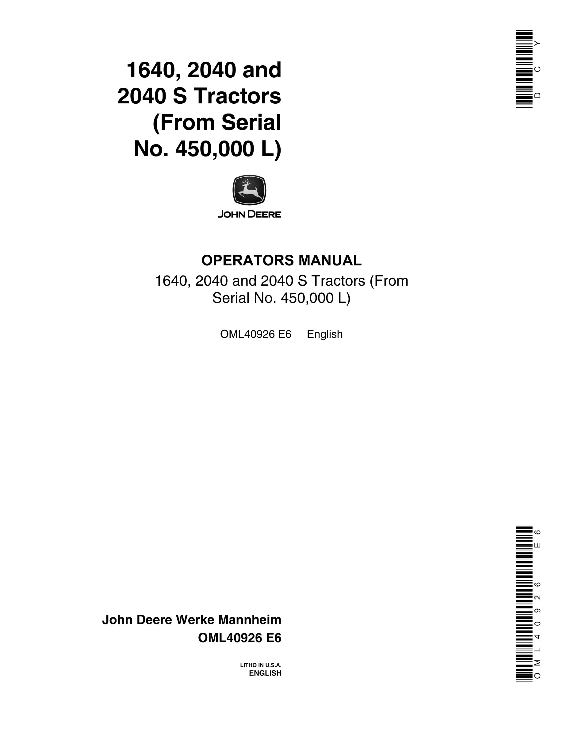 John Deere 1640, 2040 And 2040 S Tractors Operator Manuals OML40926-1