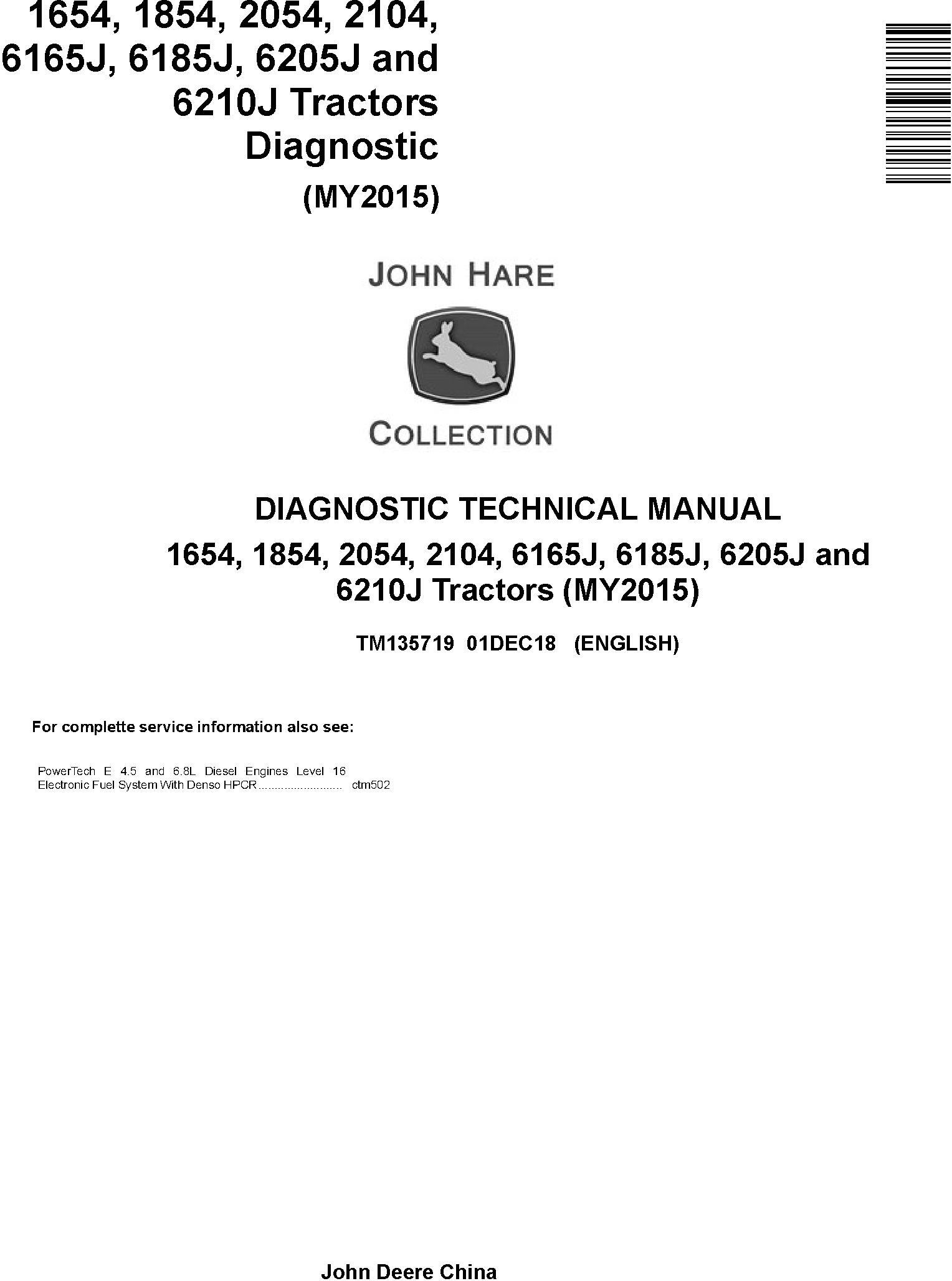 John Deere 1654 to 2104, 6165J to 6210J Tractor Diagnostic Technical Manual TM135719
