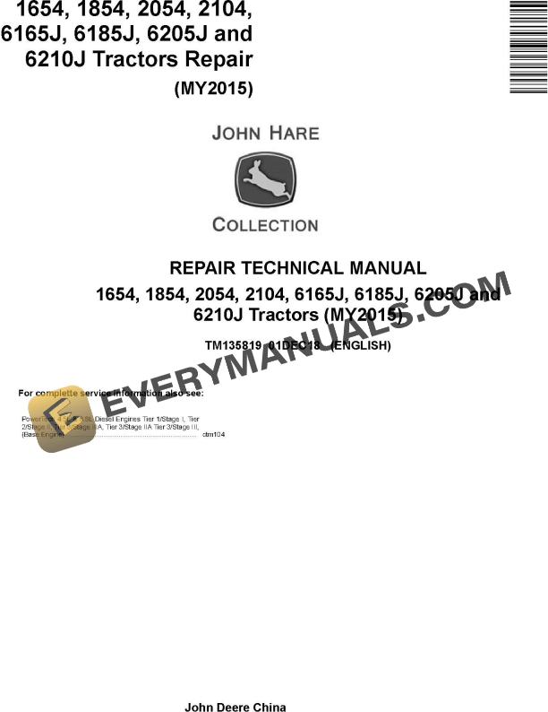 John Deere 1654 to 2104, 6165J to 6210J Tractor Diagnostic Technical