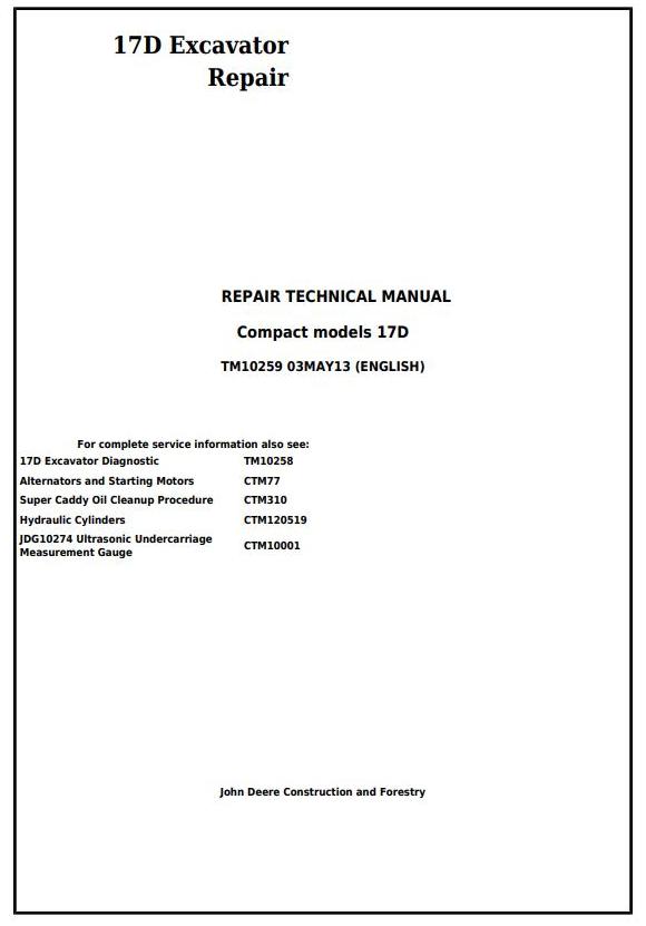 John Deere 17D Excavator Repair Technical Manual TM10259