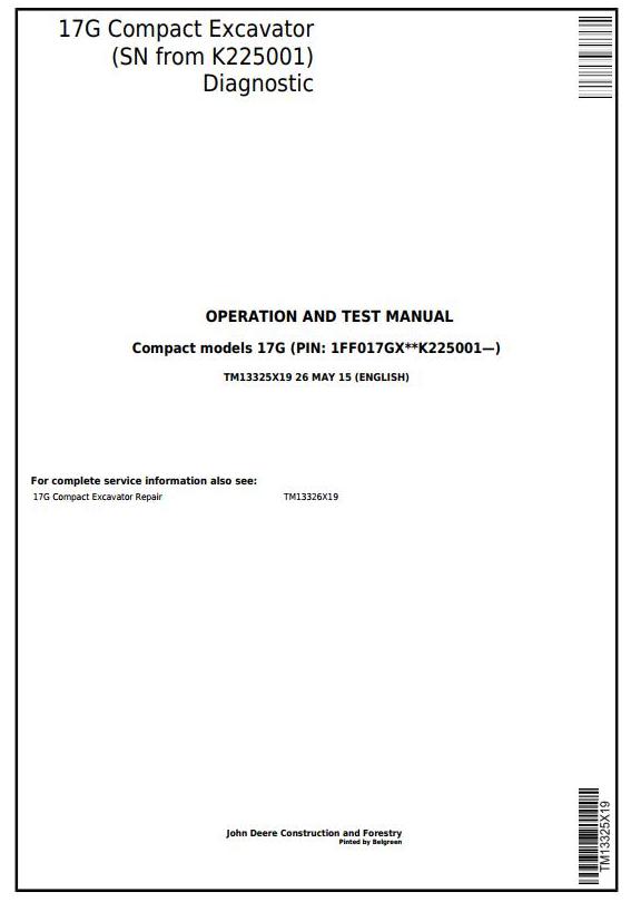 John Deere 17G Compact Excavator Diagnostic Test Manual TM13325X19