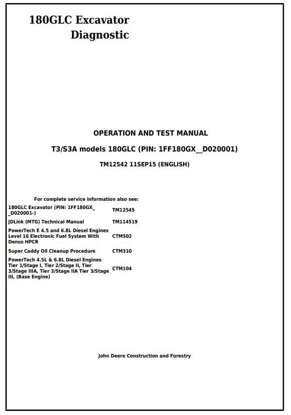 John Deere 180GLC Excavator Diagnostic Operation Test Manual TM12542