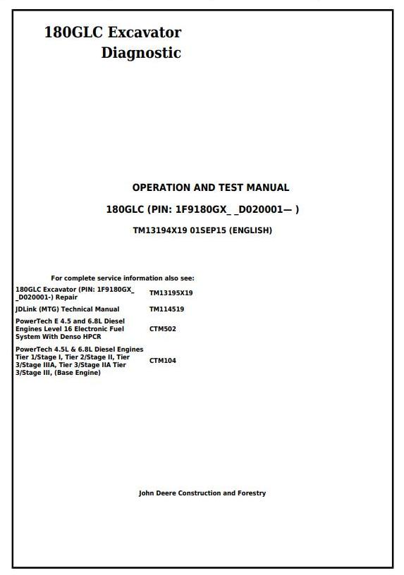 John Deere 180GLC Excavator Diagnostic Operation Test Manual TM13194X19