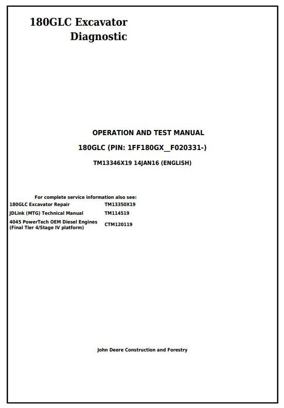 John Deere 180GLC Excavator Diagnostic Operation Test Manual TM13346X19