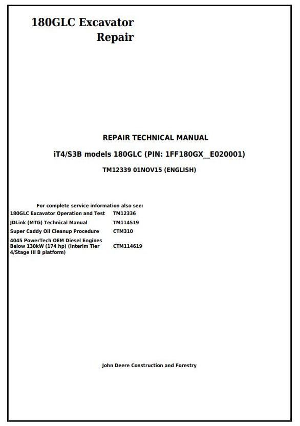 John Deere 180GLC Excavator Repair Technical Manual TM12339