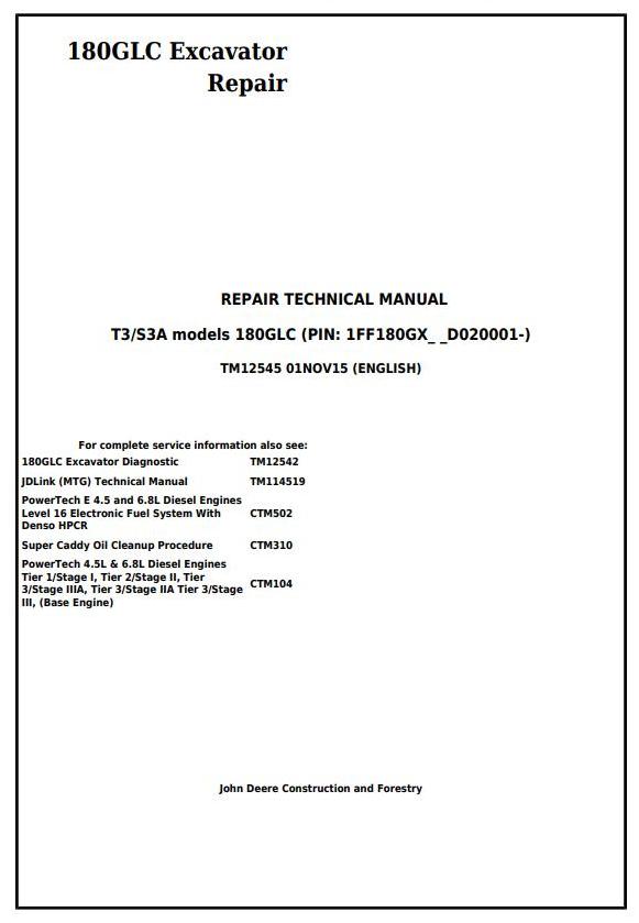 John Deere 180GLC Excavator Repair Technical Manual TM12545