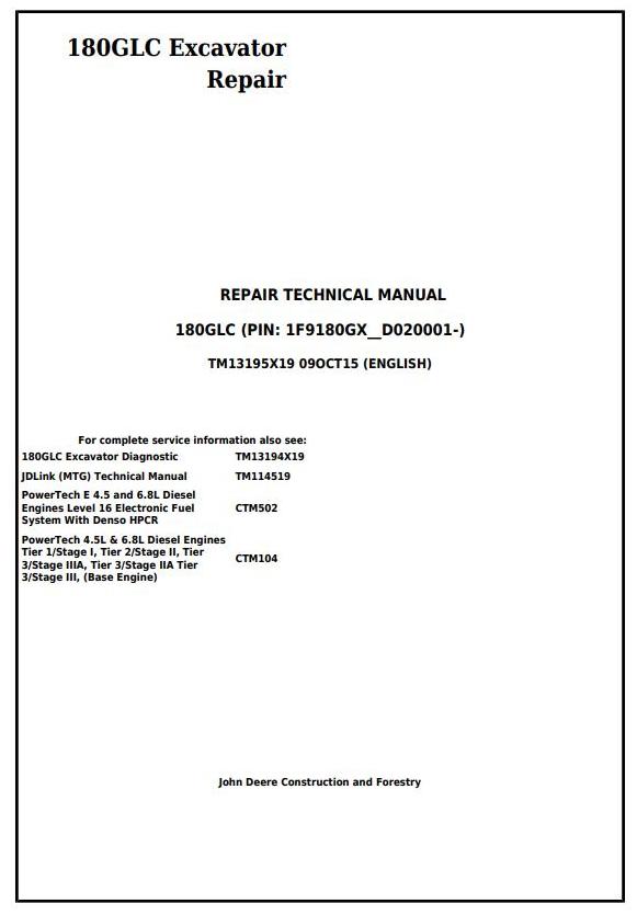 John Deere 180GLC Excavator Repair Technical Manual TM13195X19