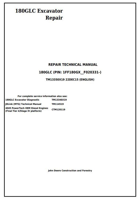 John Deere 180GLC Excavator Repair Technical Manual TM13350X19