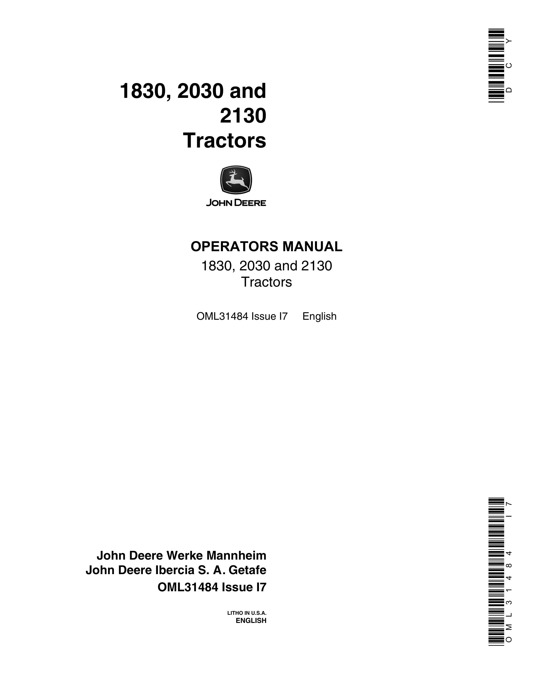 John Deere 1830, 2030 And 2130 Tractors Operator Manuals OML31484-1
