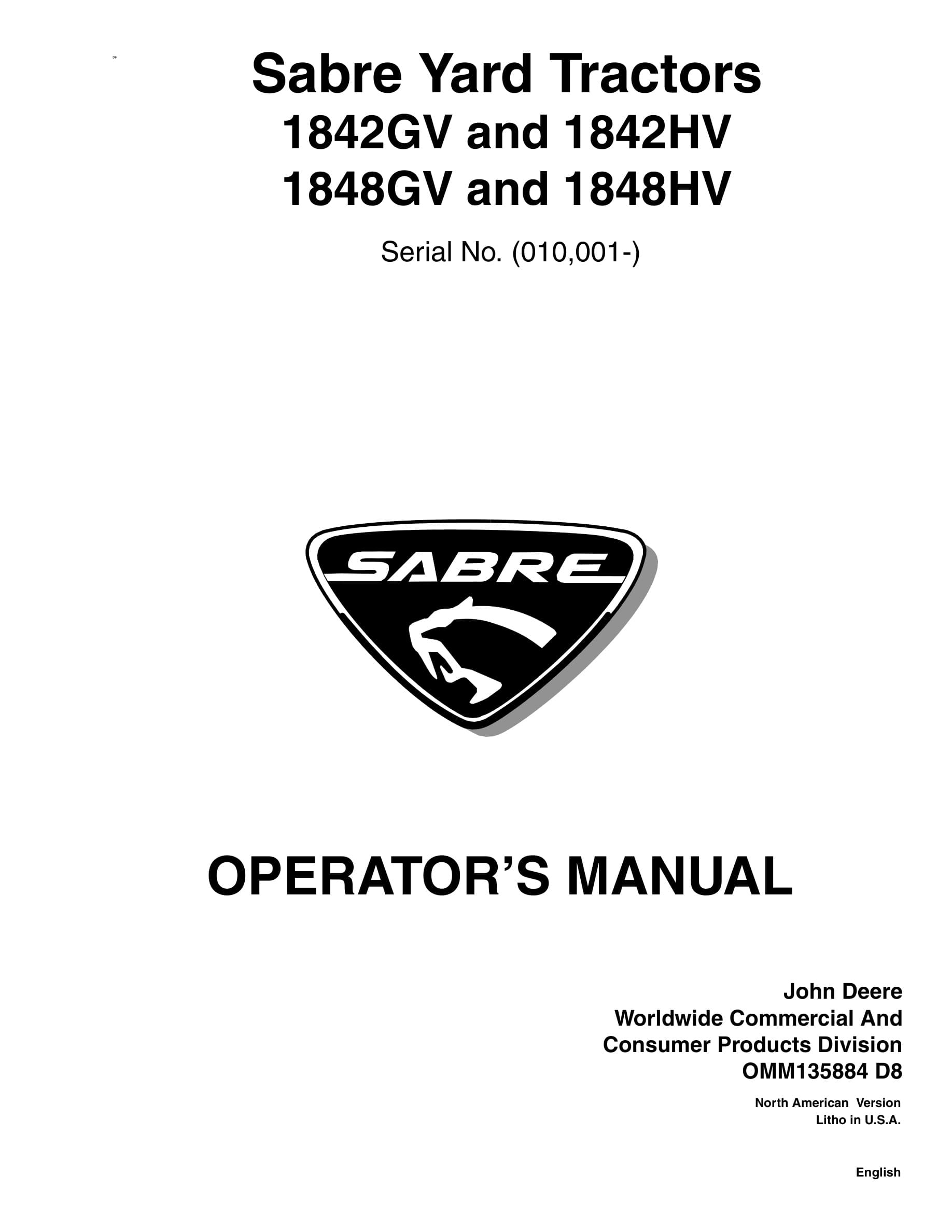 John Deere 1842GV and 1842HV 1848GV and 1848HV Tractor Operator Manual OMM135884-1