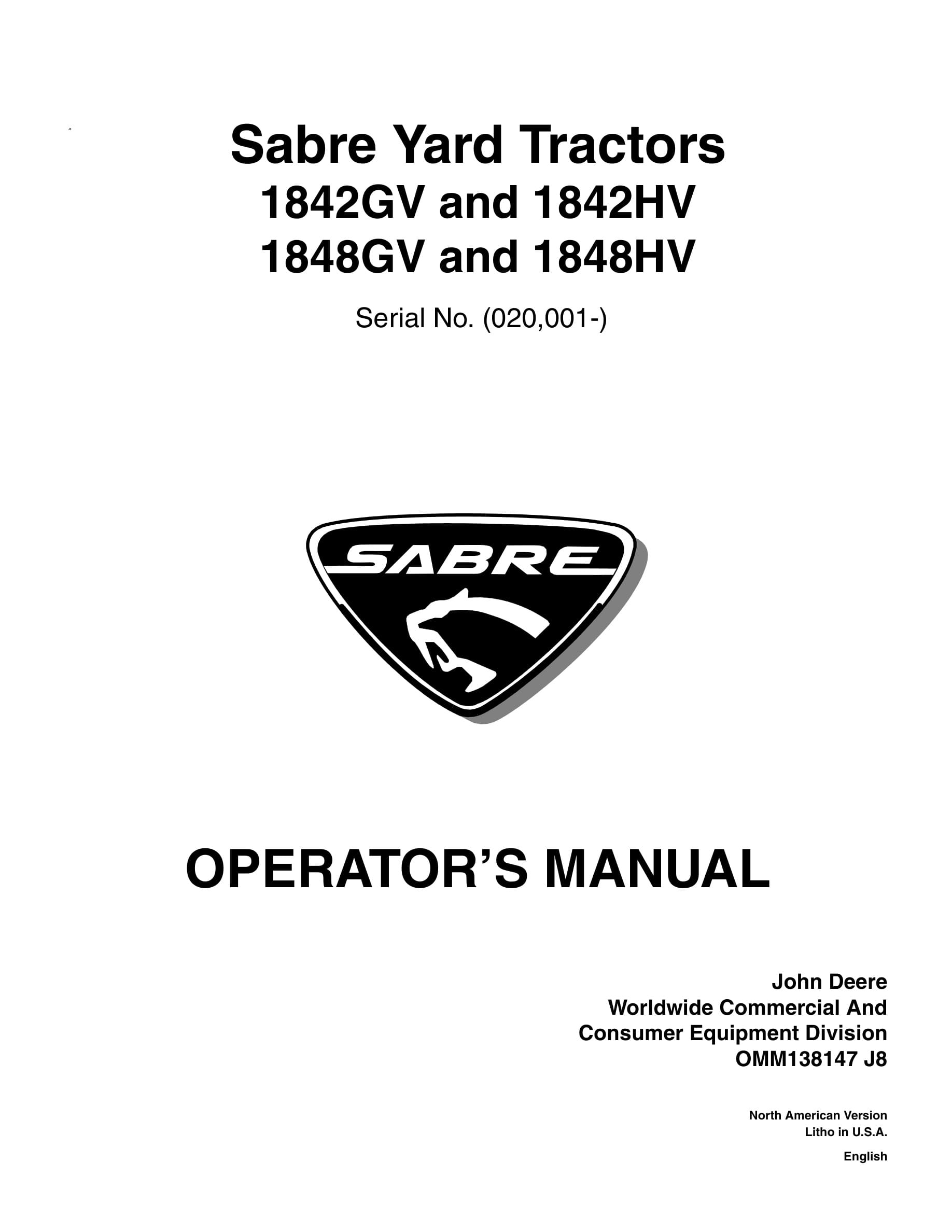 John Deere 1842GV and 1842HV 1848GV and 1848HV Tractor Operator Manual OMM138147-1