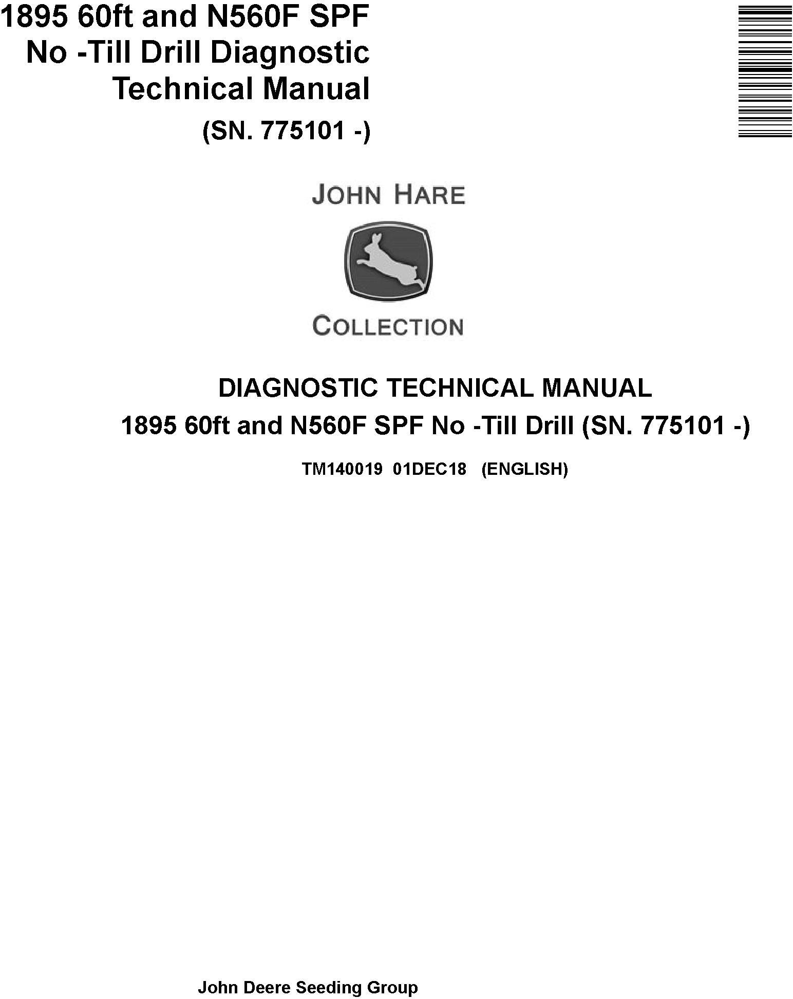 John Deere 1895 60ft N560F SPF No Till Drill Diagnostic Technical Manual TM140019